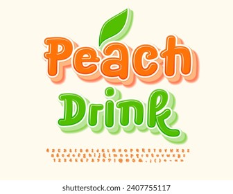 Vector cute emblem Peach Drink with decorative Leaf. Orange artistic Font. Set of handwritten Alphabet Letters, Numbers and Symbols