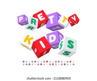 Vector cute emblem Pretty Kids. Cubic childish Alphabet Letters and Numbers set. Funny 3D Font