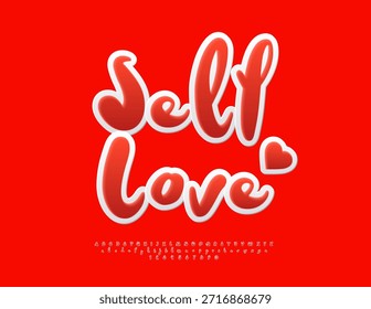 Vector Lindo emblema de amor propio. Fuente roja juguetona. Conjunto de letras y números del alfabeto escrito a mano.