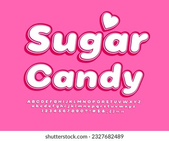 Vector cute emblem Sugar Candy with decorative Heart. Pink and White sweet Font. Trendy Alphabet Letters, Numbers and Symbols set