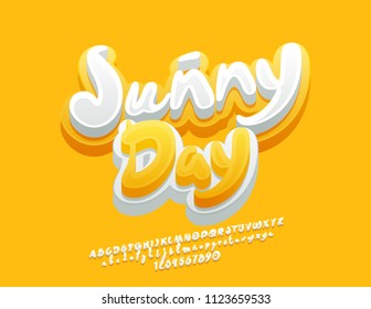 Vector cute Emblem Sunny Day. Handwritten Yellow and White Font. 3D funny Alphabet Letters, Numbers and Symbols