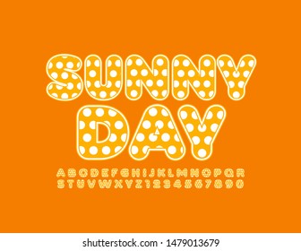 Vector cute Emblem Sunny Day. Original Yellow and White Font. Children Alphabet Letters, Numbers and Symbols.