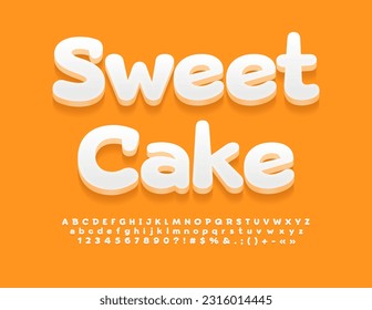 Vector cute Emblem Sweet Cake. White 3D Font. Creative Alphabet Letters, Numbers and Symbols set. 