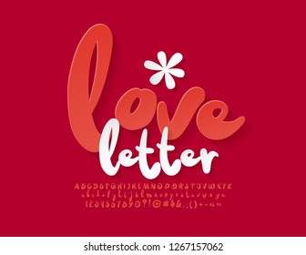 Vector cute emblem with text Love Letter. Handwritten funny Alphabet Letters, Numbers and Symbols. Red original Font.