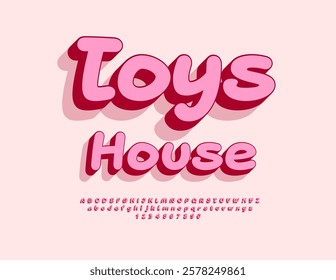 Vector Cute emblem Toys House. Playful Pink Font. Cute Isometric Alphabet Letters and Numbers