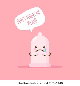 Vector cute emoji condom with poster about safe love. Cartoon sticker.