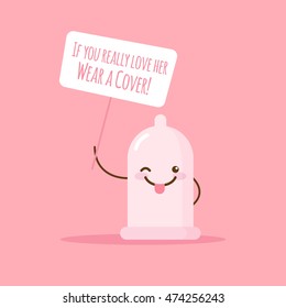Vector lindo condón emoji con afiche sobre amor seguro. Sticker de caricatura.
