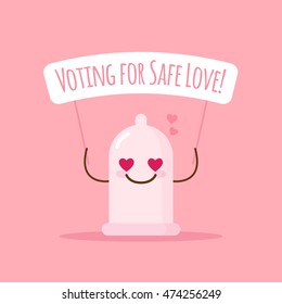 Vector lindo condón emoji con afiche sobre amor seguro. Sticker de caricatura.