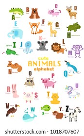 Vector of Cute english alphabet:A-Z with cute cartoon animals isolated. Vector illustration for kids education, foreign language study.