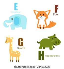 Vector of Cute english alphabet:E,F,G,H with cute cartoon animals isolated. Vector illustration for kids education, foreign language study.