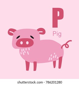 Vector of Cute english alphabet:P with cute cartoon animals isolated. Vector illustration for kids education, foreign language study.
