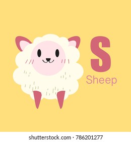 Vector of Cute english alphabet:S with cute cartoon animals isolated. Vector illustration for kids education, foreign language study.