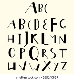 Vector cute english uppercase alphabet. Geometric font retro style in black uneven letters.