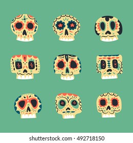 Vector cute ethnic Mexican skulls icons. Dead day symbols collection