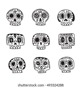 Vector cute ethnic Mexican sugar skulls icons. Day of the Dead line style symbols collection.