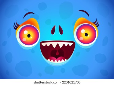 Vector cute face of a blue monster for Halloween mask. Kawaii face of dragon with red eyes for Halloween costume. Funny zombie face.