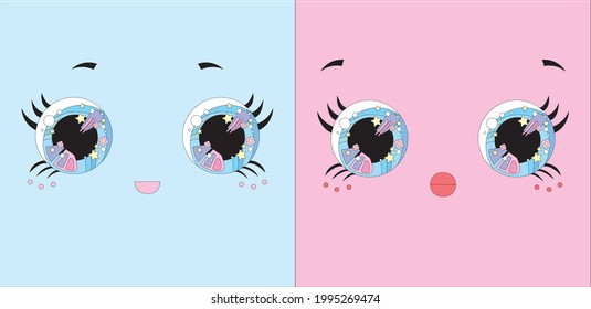 Vector cute face fantasy summer illustration. Fabric colourful pattern design. Collection of cartoon hand drawn shapes, eye in modern style. wall decoration, postcard, brochure cover design sketch.