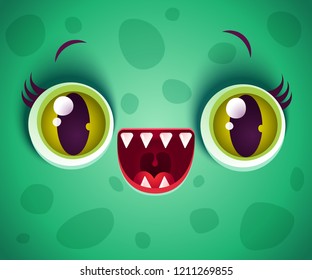 Vector cute face of green monster for Halloween mask. Kawaii face of gragon with green eyes for Halloween costume.