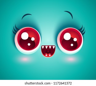 Vector cute face of monster for Halloween mask. Kawaii face of vampire with red eyes for Halloween costume.