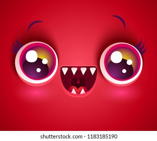 Vector cute face of monster for Halloween mask. Kawaii face of vampire with red eyes for Halloween costume.