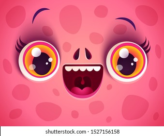 Vector cute face of pink monster for Halloween mask. Kawaii face of dragon with yellow eyes for Halloween costume. Funny dragon face.
