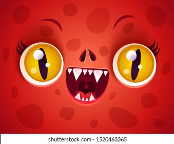 Vector cute face of red monster for Halloween mask. Kawaii face of dragon with yellow eyes for Halloween costume. Funny dragon face.