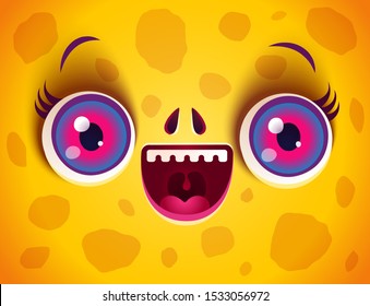 Vector cute face of yellow monster for Halloween mask. Kawaii face of dragon with red eyes for Halloween costume. Funny zombie face.