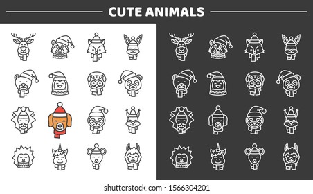 Vector Cute Faces Animals in hat and scarves line icons set. Includes such Icons as Deer, Raccoon, Hare, Bear, Penguin, Owl, Panda, Lion, Dog, Sloth, Squirrel, Unicorn, Mouse, Llama, Hedgehog, Fox.