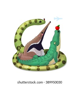 vector cute Fairy Cartoon illustration friendly anaconda alligator and anteater. Clip art isolated on white background. EPS 10 without mesh