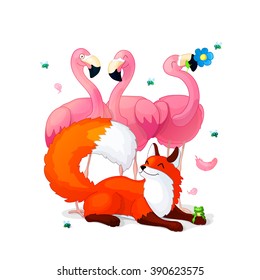 vector cute Fairy Cartoon illustration Company of pink flamingos, happy red foxes and smiling little frog. Colorful print art ABC letter F. Clip art isolated on white background. EPS 10 without mesh
