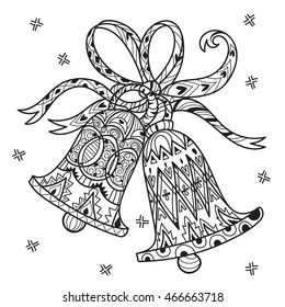 Vector cute fairy doodle christmas bells.Hand drawn line illustration.Sketch for postcard or print or coloring adult anti stress book.Boho zen art style.