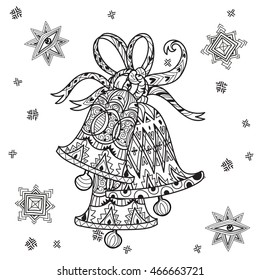 Vector cute fairy doodle christmas bells.Hand drawn line illustration.Sketch for postcard or print or coloring adult anti stress book.Boho zen art style.