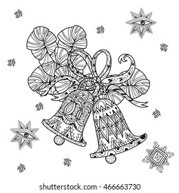 Vector cute fairy doodle christmas bells and fir tree.Hand drawn line illustration.Sketch for postcard or print or coloring adult anti stress book.Boho zen art style.