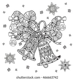 Vector cute fairy doodle christmas bells and fir tree.Hand drawn line illustration.Sketch for postcard or print or coloring adult anti stress book.Boho zen art style.