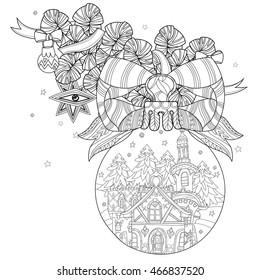 Vector cute fairy doodle christmas glass ball.Hand drawn line illustration.Sketch for postcard or print or coloring adult anti stress book.Boho zen art style.