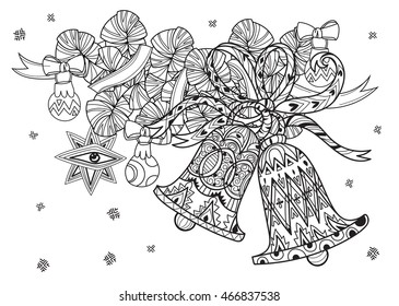 Vector cute fairy doodle christmas bells.Hand drawn line illustration.Sketch for postcard or print or coloring adult anti stress book.Boho zen art style.