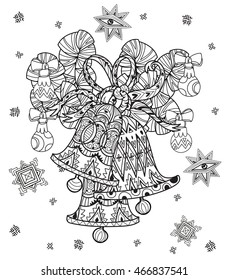 Vector cute fairy doodle christmas bells.Hand drawn line illustration.Sketch for postcard or print or coloring adult anti stress book.Boho zen art style.