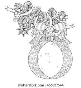 Vector cute fairy doodle christmas bells.Hand drawn line illustration.Sketch for postcard or print or coloring adult anti stress book.Boho zen art style.