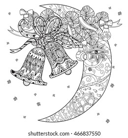 Vector cute fairy doodle christmas bells and half moon.Hand drawn line illustration.Sketch for postcard or print or coloring adult anti stress book.Boho zen art style.