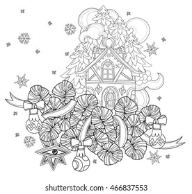 Vector cute fairy doodle christmas house on fir tree.Hand drawn line illustration.Sketch for postcard or print or coloring adult anti stress book.Boho zen art style.