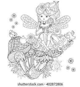 Vector cute fairy girl in flowers tea drinking.Vector line illustration.Sketch for postcard or print or coloring adult book.Boho zentangle style doodle.