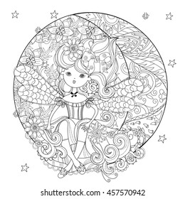 Vector cute fairy girl in flowers on christmas half moon..Vector line illustration.Sketch for postcard or print or coloring adult anti stress book.Boho zen art style doodle.