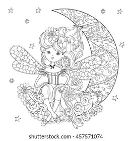 Vector cute fairy girl in flowers on christmas half moon..Vector line illustration.Sketch for postcard or print or coloring adult anti stress book.Boho zen art style doodle.