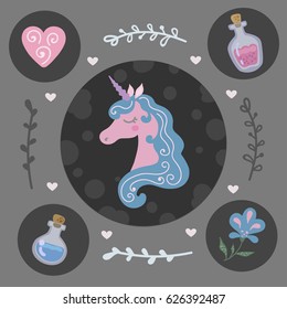 Vector cute fairy illustration with a unicorn and magical objects. Set for children, trendy image, suitable for posters, stickers, postcards, scrapbook.