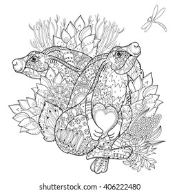 Vector cute fairy rabbit in flowers with heart  and dragonfly.Vector line isolated hand drawn illustration.Sketch for postcard or print or coloring adult book.Boho zentangle style doodle.