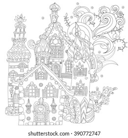 Vector cute fairy tale town doodle.Vector line illustration.Sketch for postcard or print or coloring adult book.Boho zentangle style.