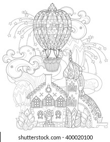 Vector cute fairy tale town doodle with mushrooms and balloon.Vector line illustration.Sketch for postcard or print or coloring adult book.Boho hand drawn style.Fantastic mystical city landscape