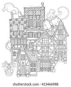 Vector cute fairy tale town doodle.Vector line illustration.Sketch for postcard or print or coloring adult book.Boho zentangle style.