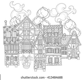 Vector cute fairy tale town doodle.Vector line illustration.Sketch for postcard or print or coloring adult book.Boho zentangle style.