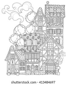 Vector cute fairy tale town doodle.Vector line illustration.Sketch for postcard or print or coloring adult book.Boho zentangle style.